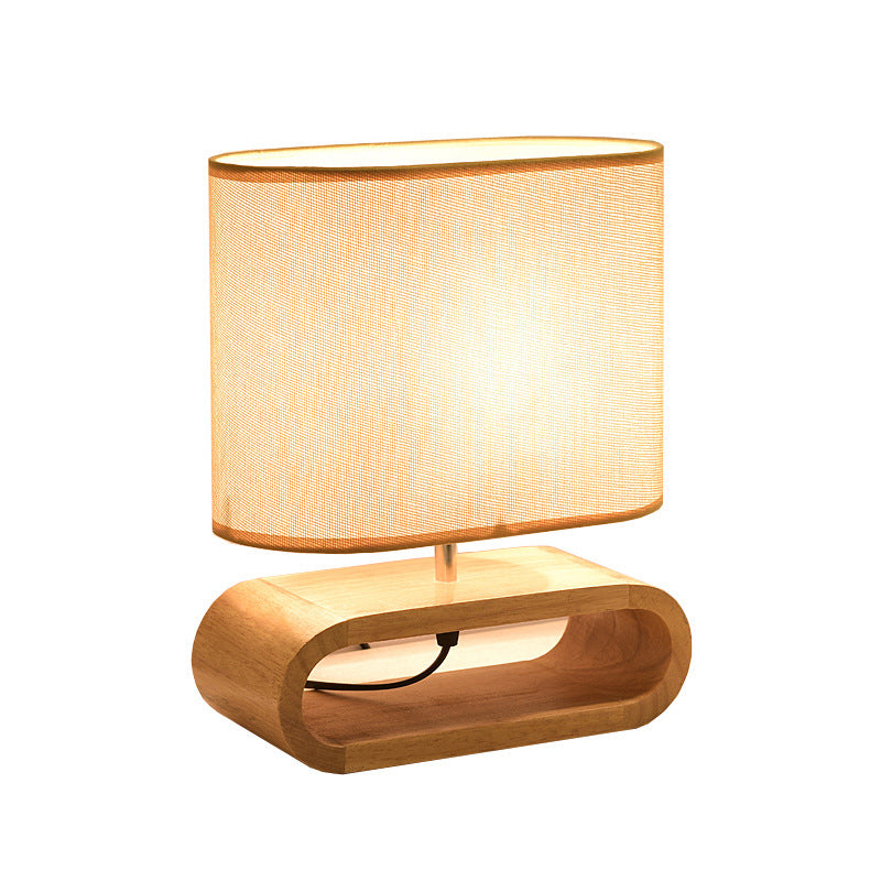 Nordic Wood Bedside Lamp - Langwerpig Nachttafellamp Hout met Stofschaduw