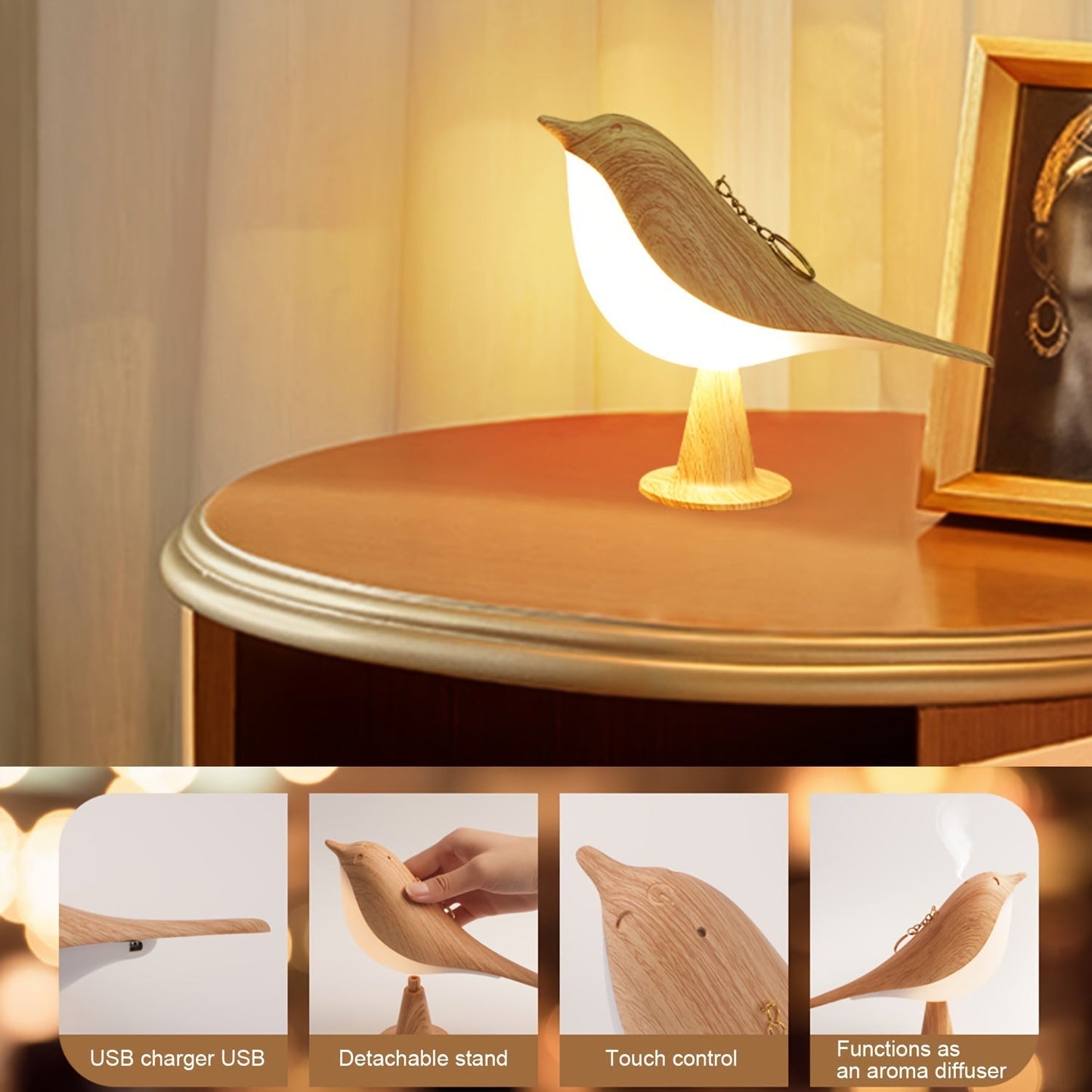 BrightNest - USB Oplaadbare LED Vogel Tafellamp met Touch Dimming