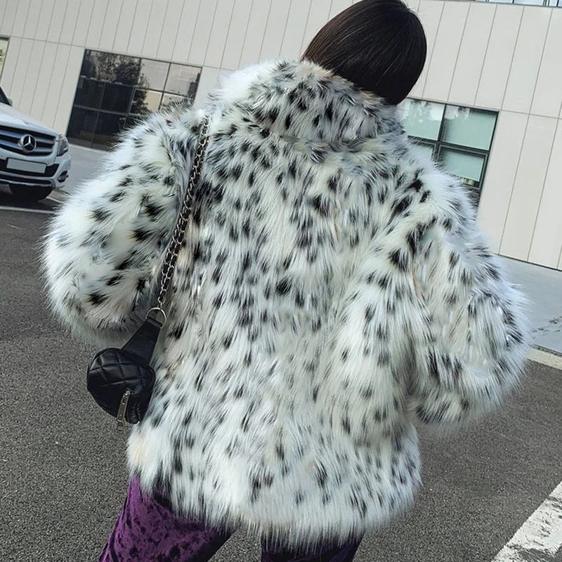 Luna - Dames Fuzzy Fox Fur Jas | Leopardprint met Blazer Kraag in Koreaanse Stijl