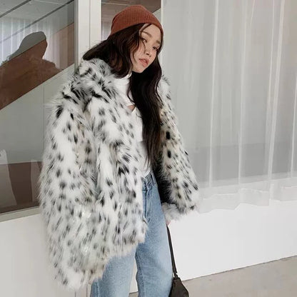 Luna - Dames Fuzzy Fox Fur Jas | Leopardprint met Blazer Kraag in Koreaanse Stijl