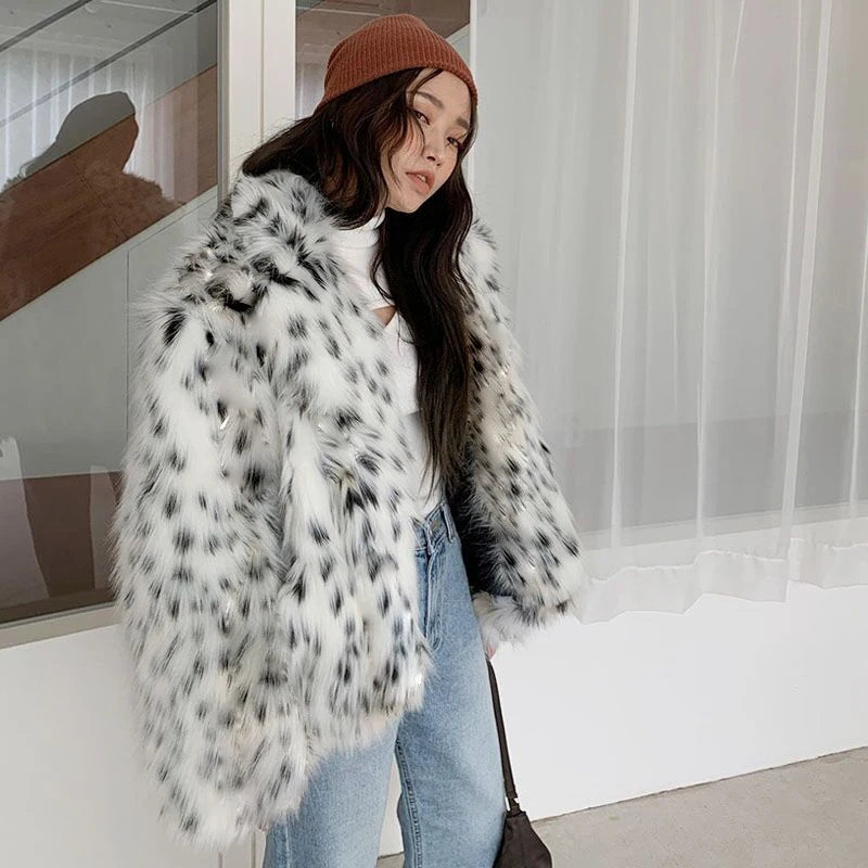 Luna - Dames Fuzzy Fox Fur Jas | Leopardprint met Blazer Kraag in Koreaanse Stijl