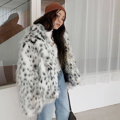 Luna - Dames Fuzzy Fox Fur Jas | Leopardprint met Blazer Kraag in Koreaanse Stijl