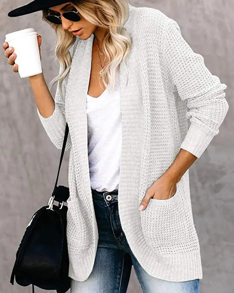 Chloe - Dames Witte Gebreide Cardigan | V-hals Vest met Grote Zakken voor Herfst