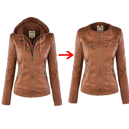 Rhea - Dames Winter Jas van Imitatieleer | Zwarte Slim Fit Motorjas met Capuchon