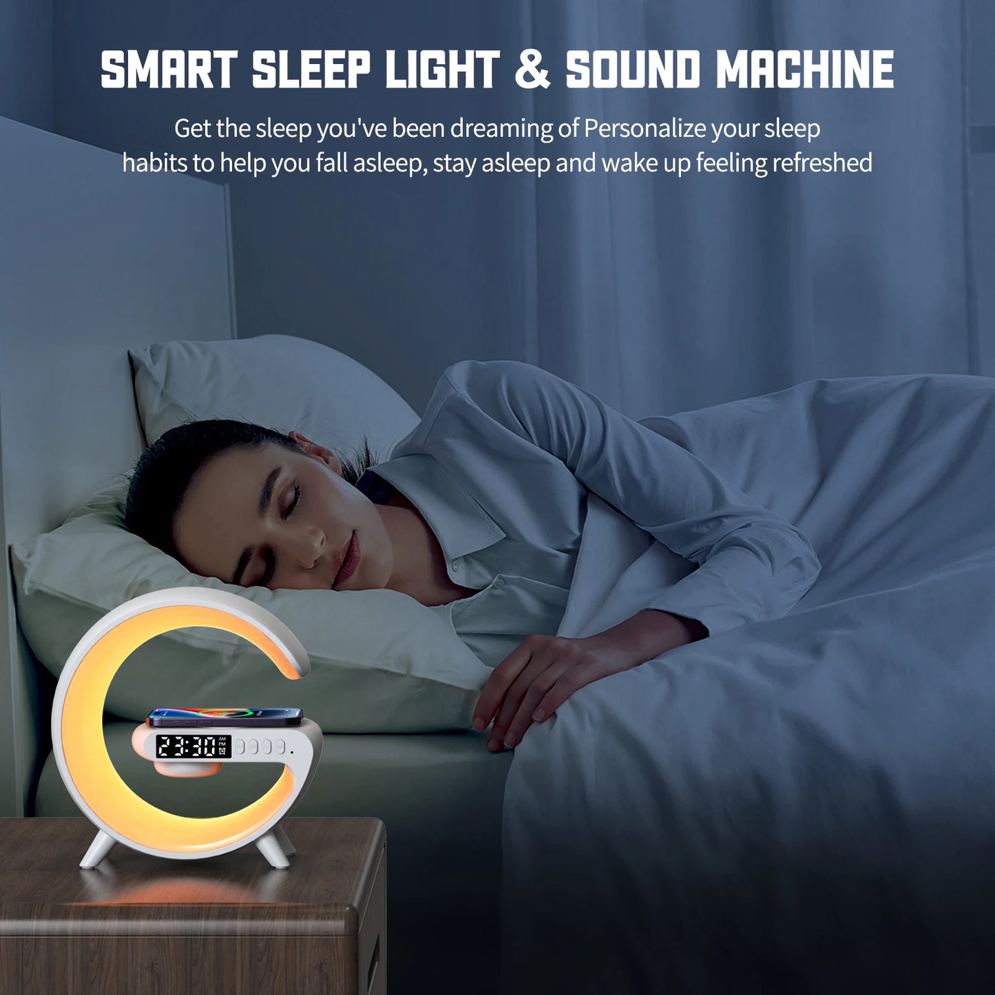 LED Smart Wake-Up Light - RGB Nachtlamp met Draadloze Speaker, 15W Oplaadbare Draadloze Bureaulamp