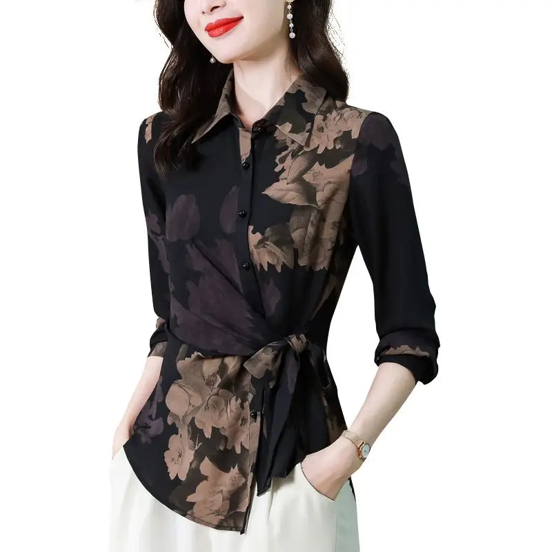 Lily - Bloemenprint Blouse voor Dames | Asymmetrische Bandage Slim Shirt voor Lente en Herfst