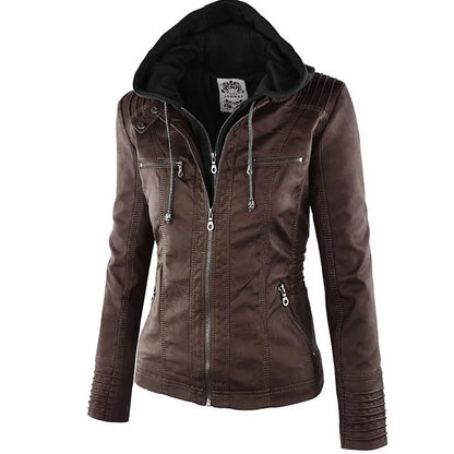 Rhea - Dames Winter Jas van Imitatieleer | Zwarte Slim Fit Motorjas met Capuchon