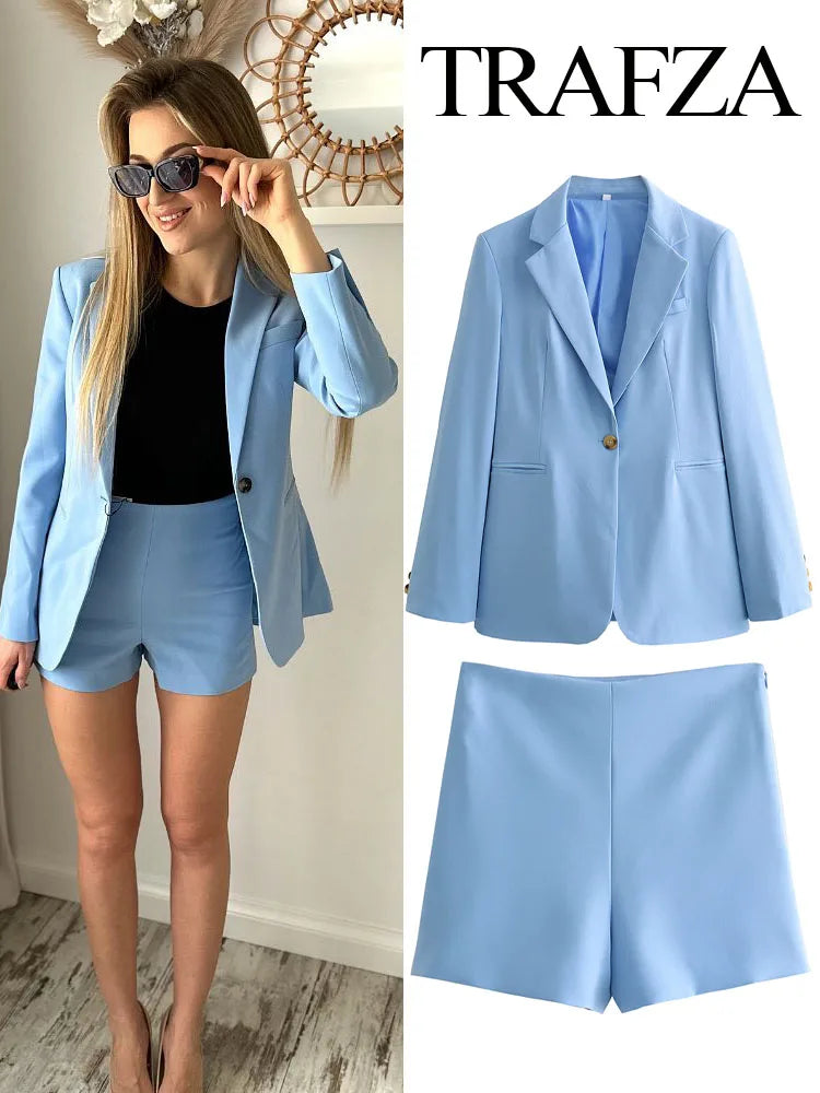 Eva - Dames Tweedelige Set | Blauwe Blazer met Lange Mouwen en Brede Pijpen Broek