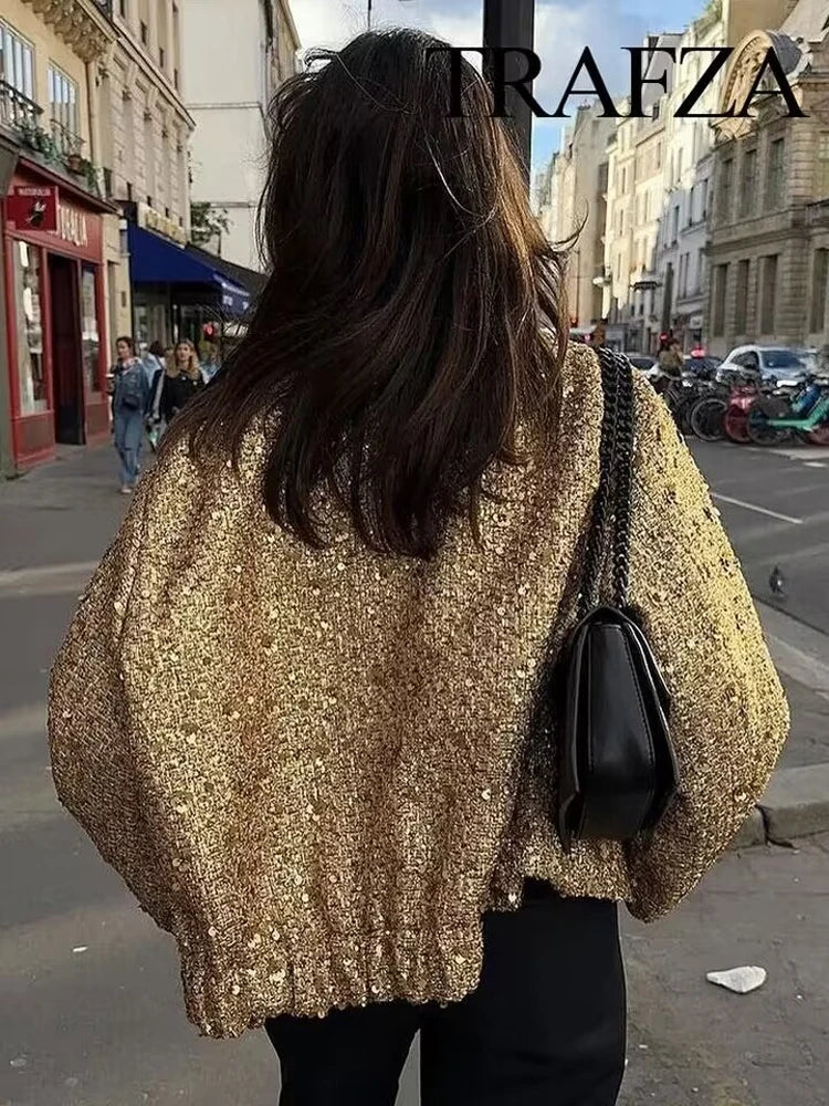 Bella - Dames Korte Jas met Gouden Sequins | Modieuze Chic Winterjas