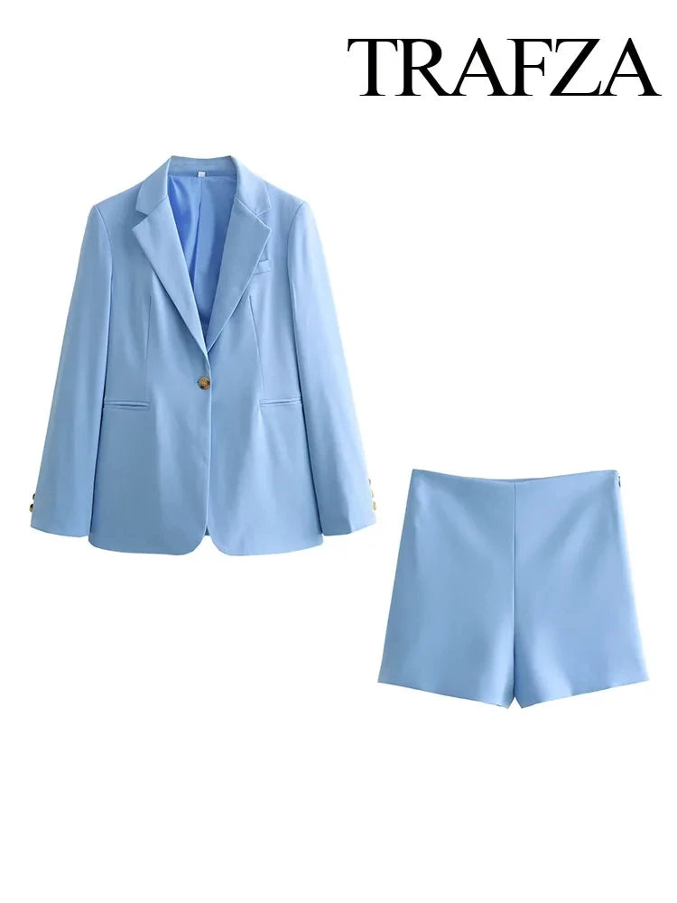 Eva - Dames Tweedelige Set | Blauwe Blazer met Lange Mouwen en Brede Pijpen Broek