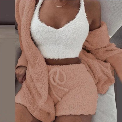 Dames Pluche Pyjama Set | Drie-delige Fluffy Pyjama met Vest, Hoodie en Shorts | Winter Plus Size