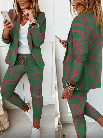 Giselle - Geometric Print Blazer & Pants Set | Shawl Collar Elegant Tracksuit