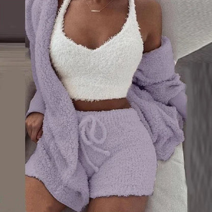 Dames Pluche Pyjama Set | Drie-delige Fluffy Pyjama met Vest, Hoodie en Shorts | Winter Plus Size