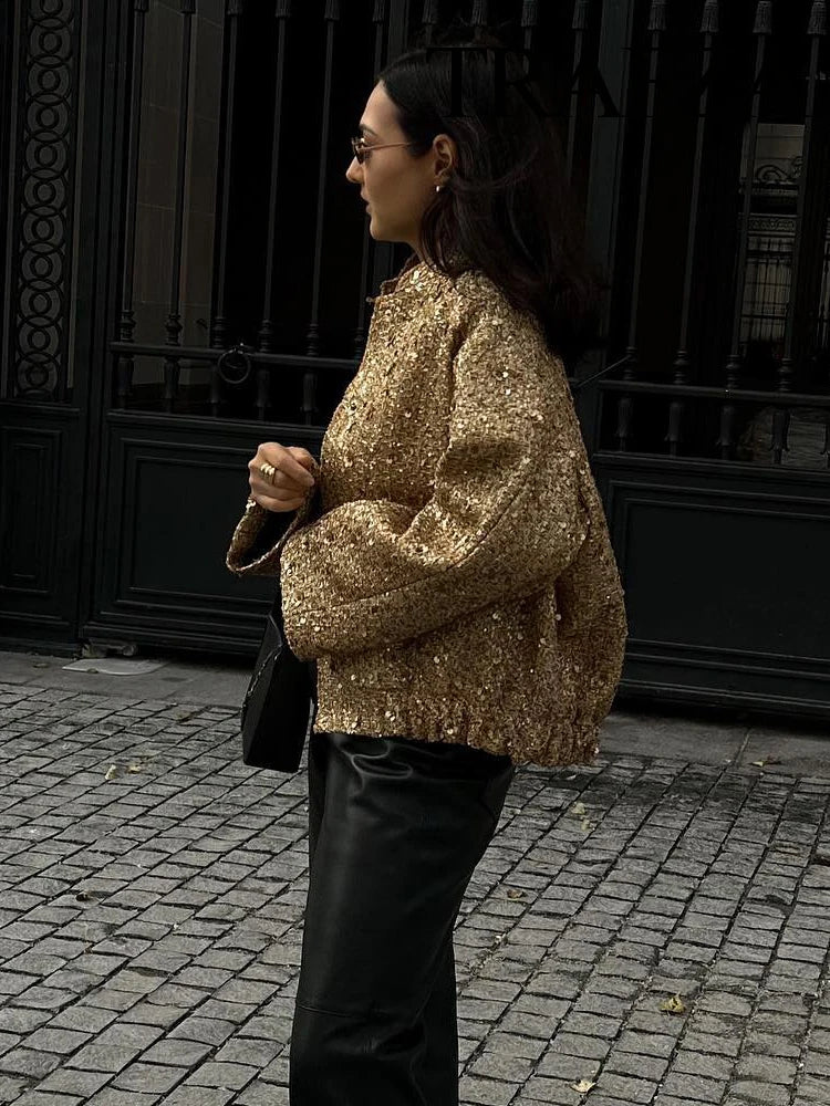 Bella - Dames Korte Jas met Gouden Sequins | Modieuze Chic Winterjas