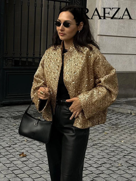 Bella - Dames Korte Jas met Gouden Sequins | Modieuze Chic Winterjas