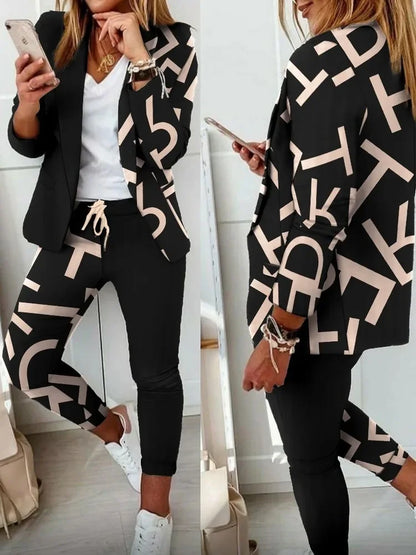 Giselle - Geometric Print Blazer & Pants Set | Shawl Collar Elegant Tracksuit