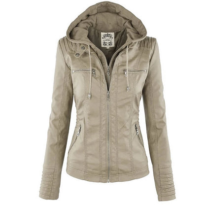 Rhea - Dames Winter Jas van Imitatieleer | Zwarte Slim Fit Motorjas met Capuchon