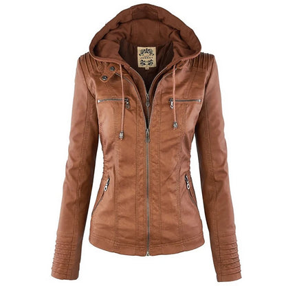 Rhea - Dames Winter Jas van Imitatieleer | Zwarte Slim Fit Motorjas met Capuchon