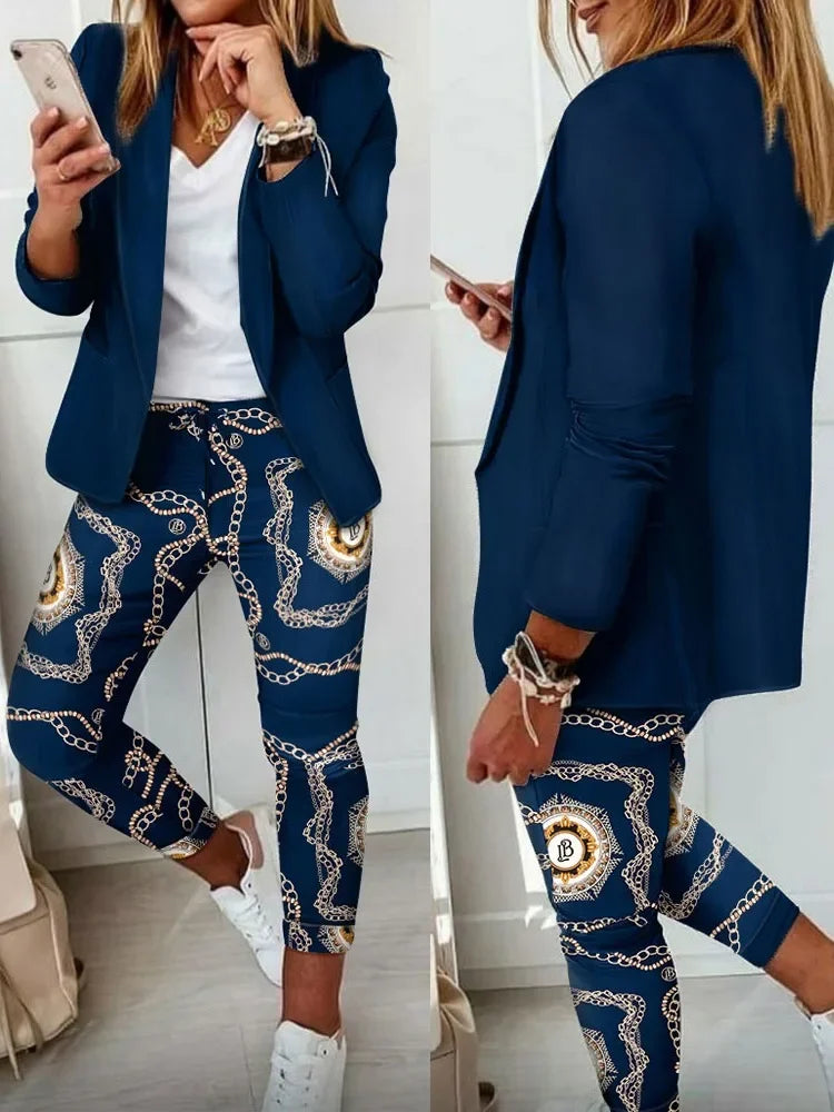 Giselle - Geometric Print Blazer & Pants Set | Shawl Collar Elegant Tracksuit