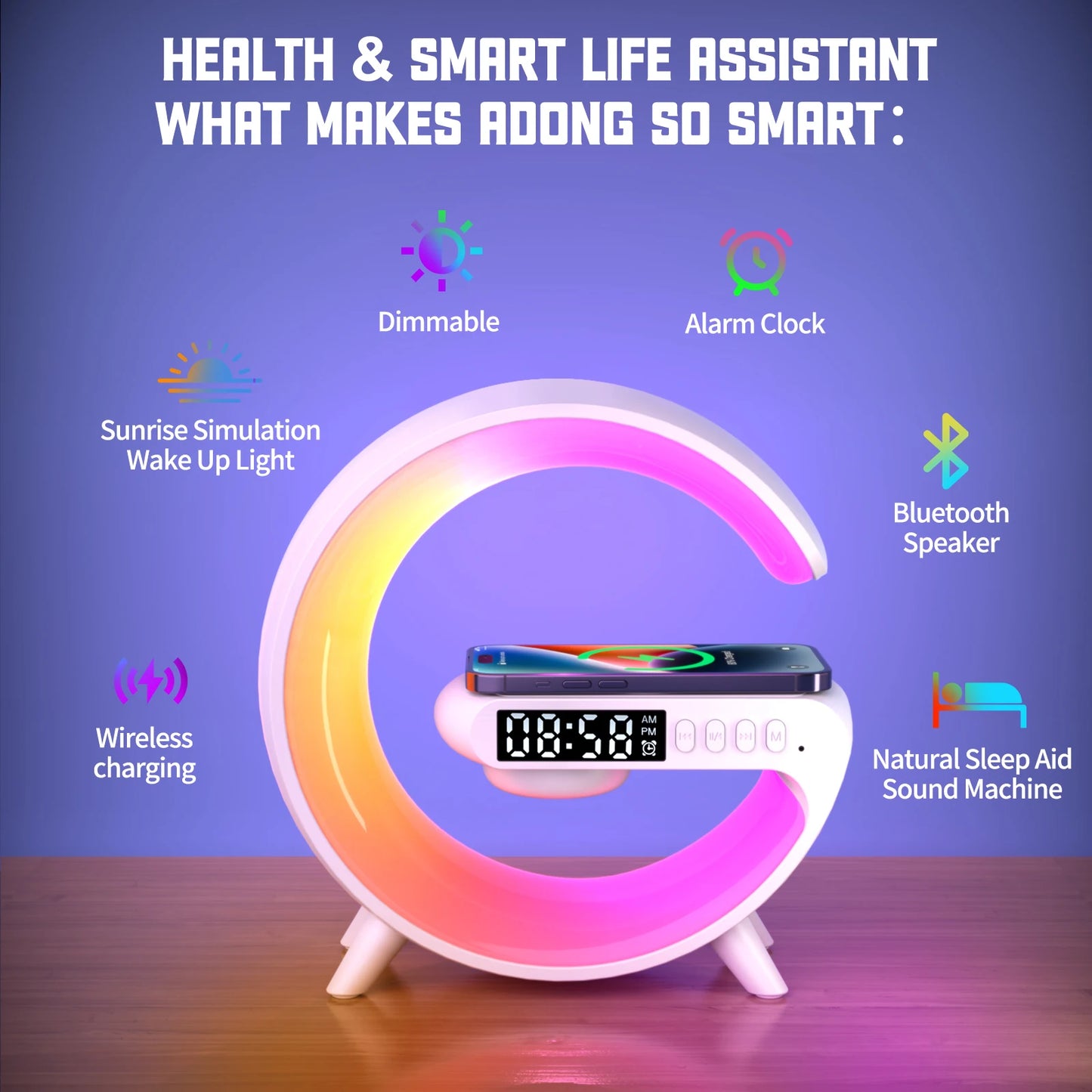 LED Smart Wake-Up Light - RGB Nachtlamp met Draadloze Speaker, 15W Oplaadbare Draadloze Bureaulamp