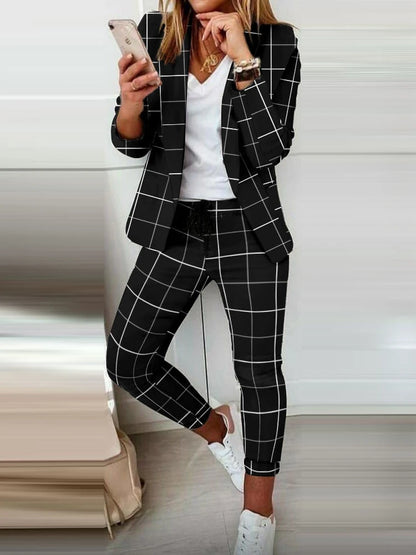 Giselle - Geometric Print Blazer & Pants Set | Shawl Collar Elegant Tracksuit