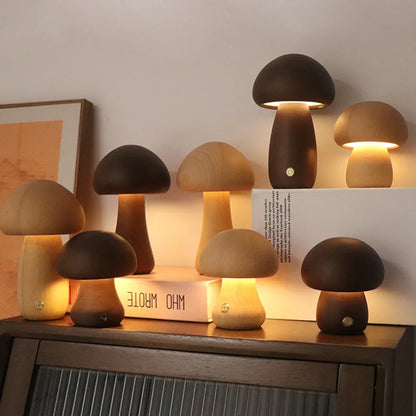 Houten Paddenstoelen Nachtlampje – Dimbare Bedlamp met Touch Schakelaar en USB Oplaadbaar – Walnoot en Beukenhout