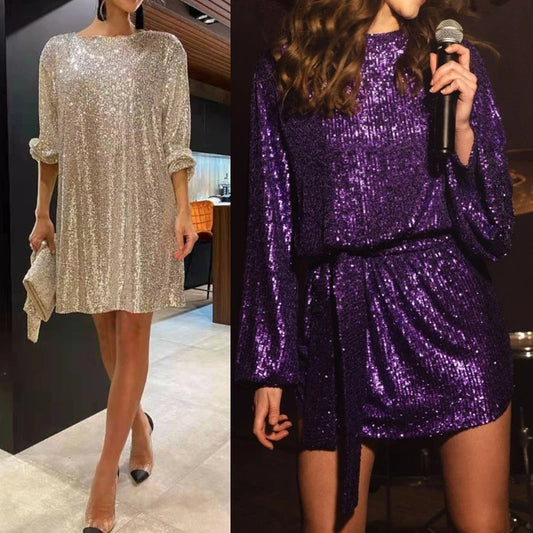 Noor - Dames Pailletten Jurk met Riem | Lange Pofmouwen en Glitterend Cocktail- & Bruidsmeisjesjurk