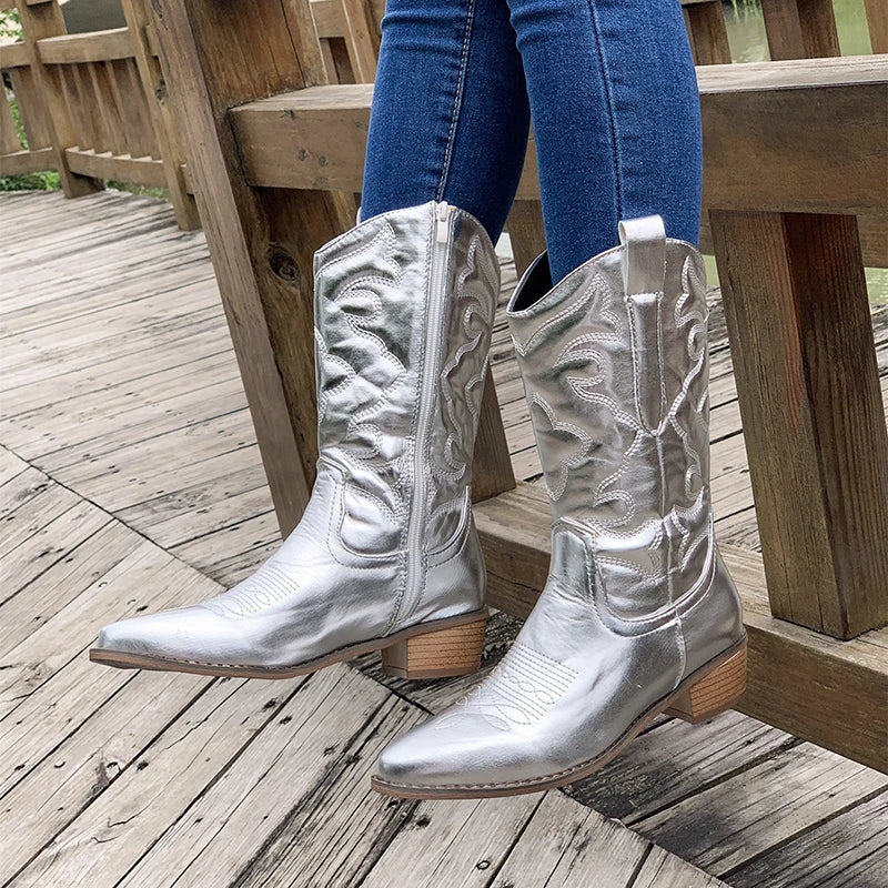 Ella - Dames Western Cowboylaarzen | Gouden Mid-Calf Laarzen met Retro Stijl