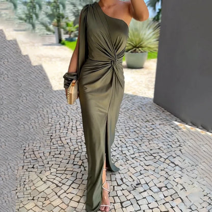 Ellafads - Zomer Maxi Jurk voor Dames | Solid One Shoulder met Cut Out en Slit