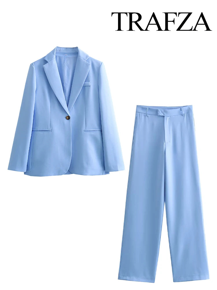 Eva - Dames Tweedelige Set | Blauwe Blazer met Lange Mouwen en Brede Pijpen Broek