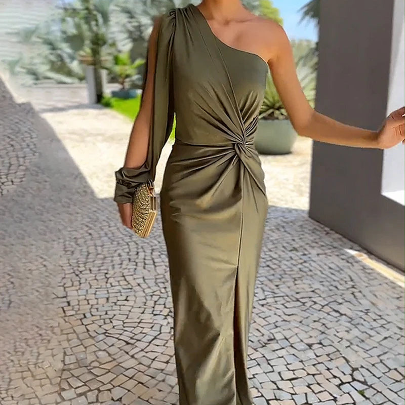 Ellafads - Zomer Maxi Jurk voor Dames | Solid One Shoulder met Cut Out en Slit