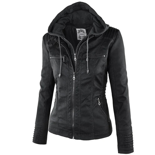 Rhea - Dames Winter Jas van Imitatieleer | Zwarte Slim Fit Motorjas met Capuchon