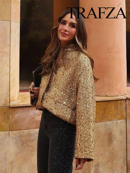 Bella - Dames Korte Jas met Gouden Sequins | Modieuze Chic Winterjas