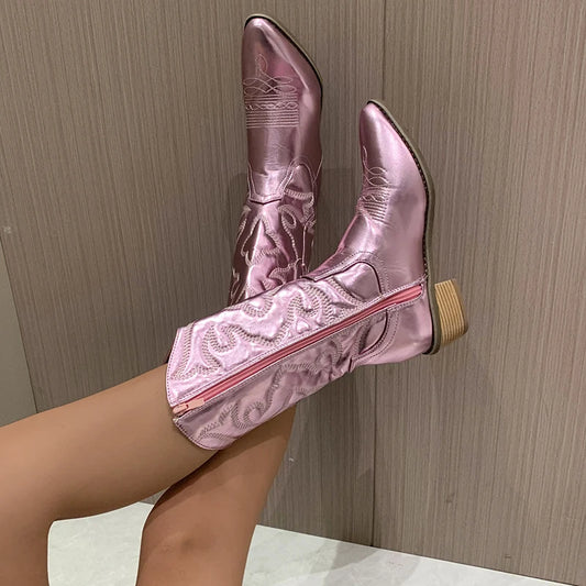 Ella - Dames Western Cowboylaarzen | Gouden Mid-Calf Laarzen met Retro Stijl