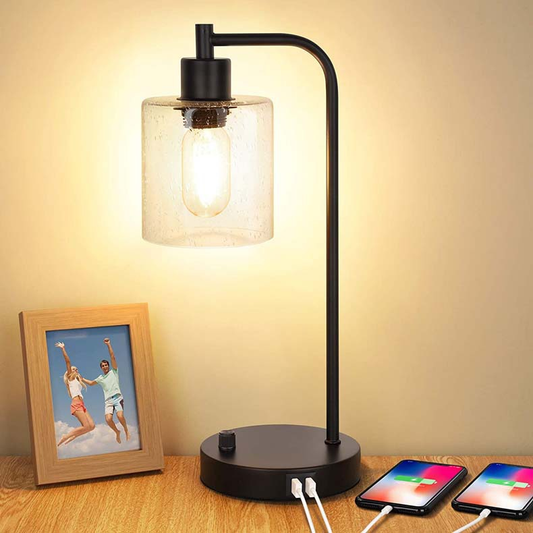 UrbanGlow - Industriële Dimbare Bedlamp met USB en Glazen Kap