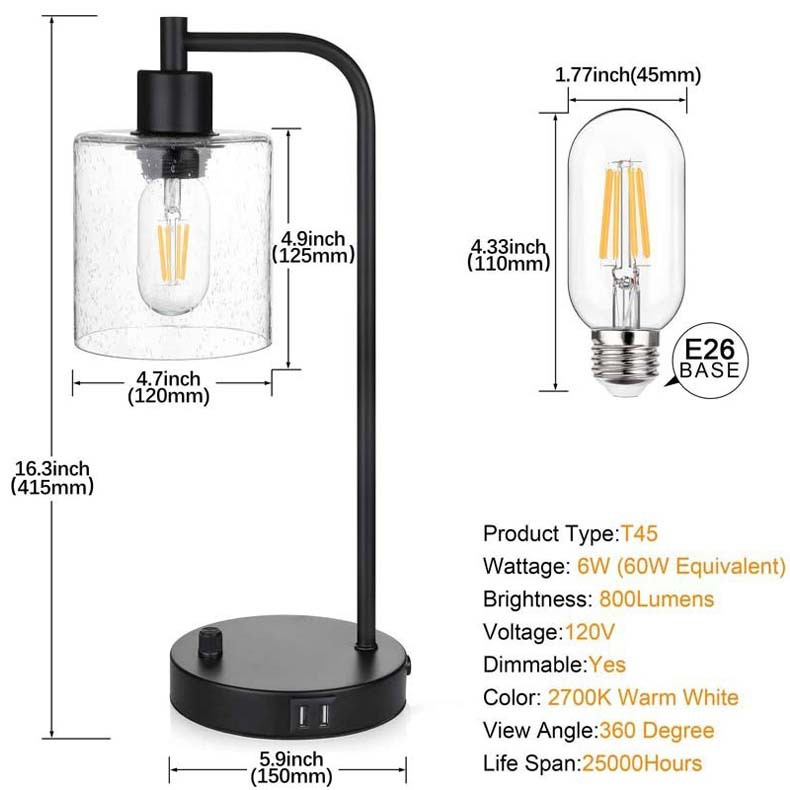 UrbanGlow - Industriële Dimbare Bedlamp met USB en Glazen Kap